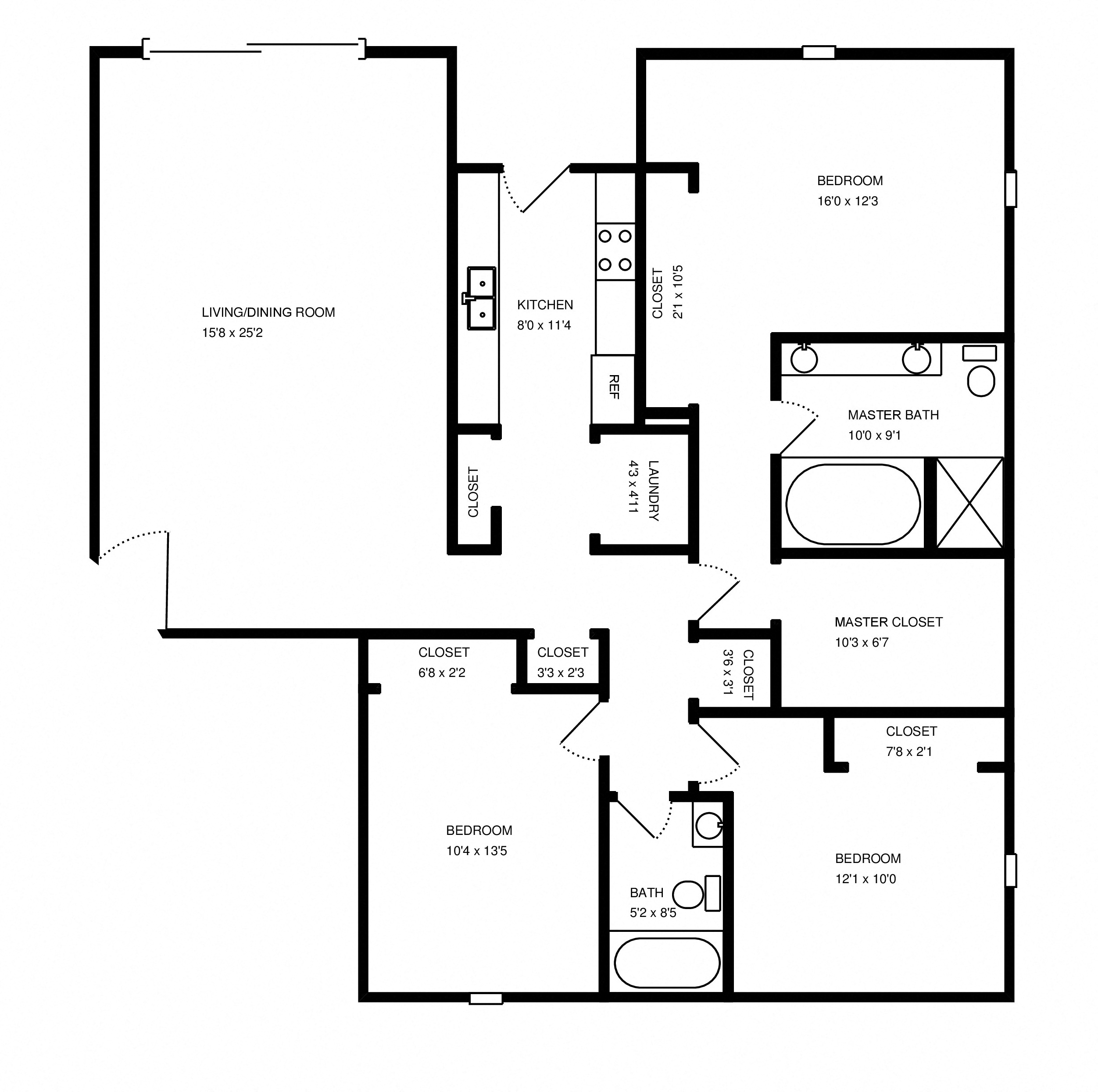 Floor plan for 3 beds, 2 baths, 1367 sqft